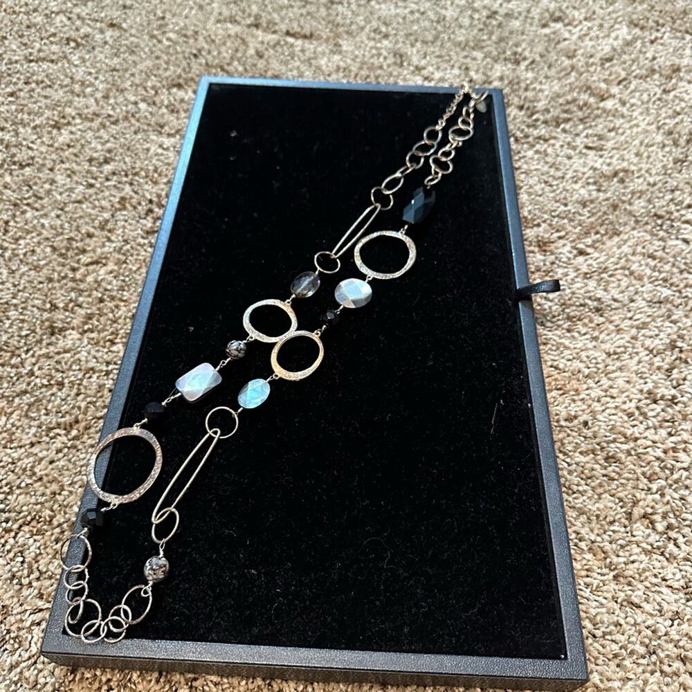 White House Black Market long silver and black accent necklace